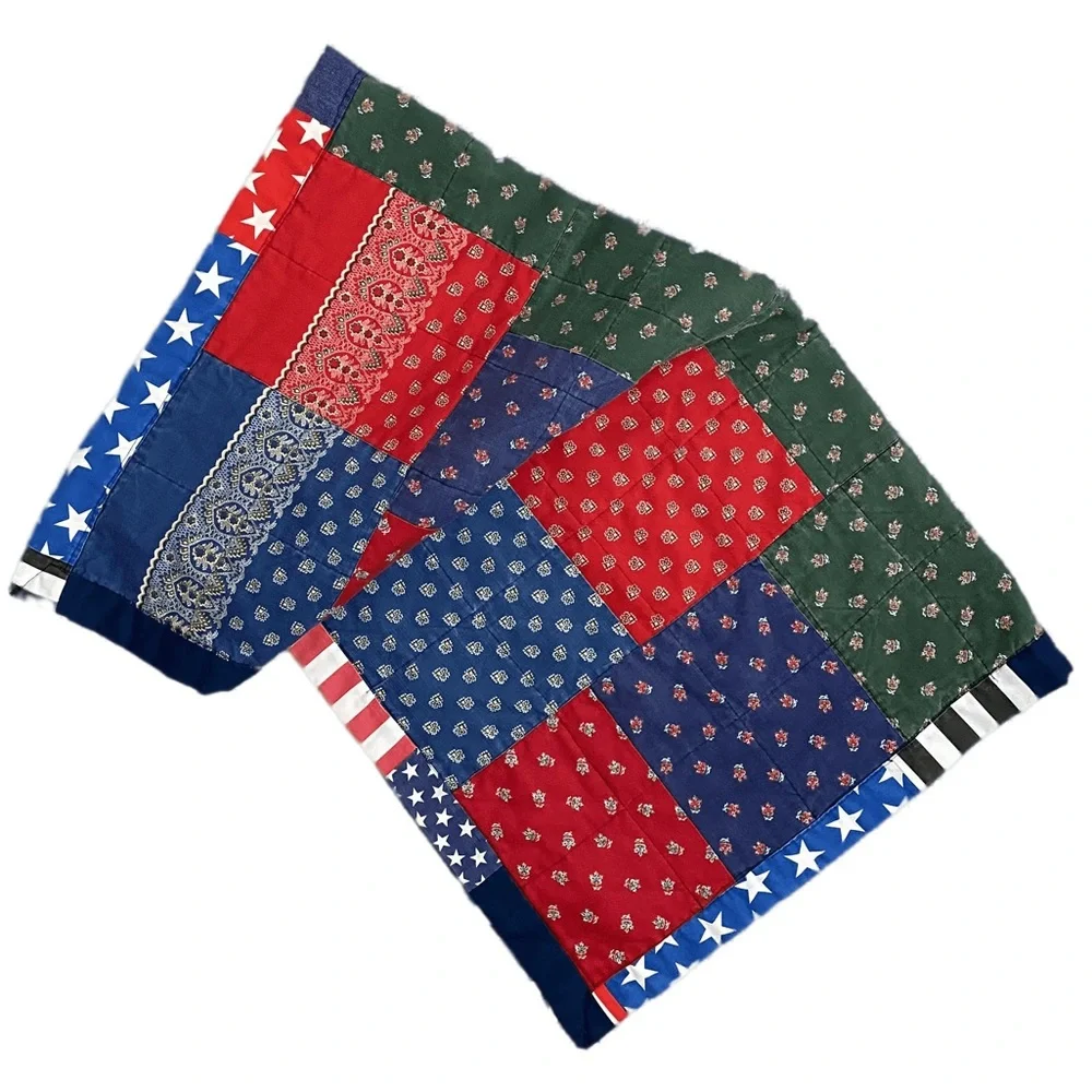 60’s 70’s Patchwork Quilt Vintage Hand Crafted Patriotic Boho Farmhouse Cottage